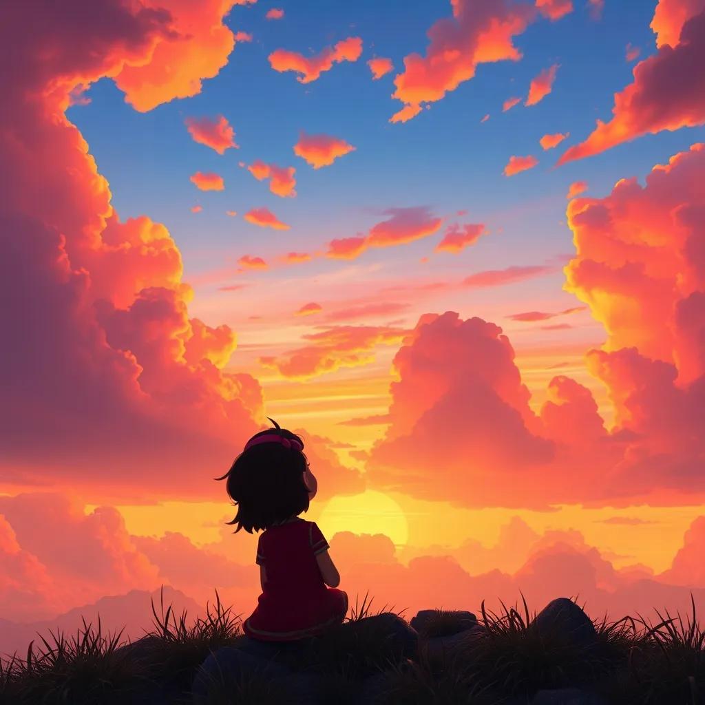 The sky filled with colorful clouds during sunset, with Nora and the cloudmaker watching in awe, filled with shades of orange and pink, magical atmosphere, beautiful view, fantasy-style art