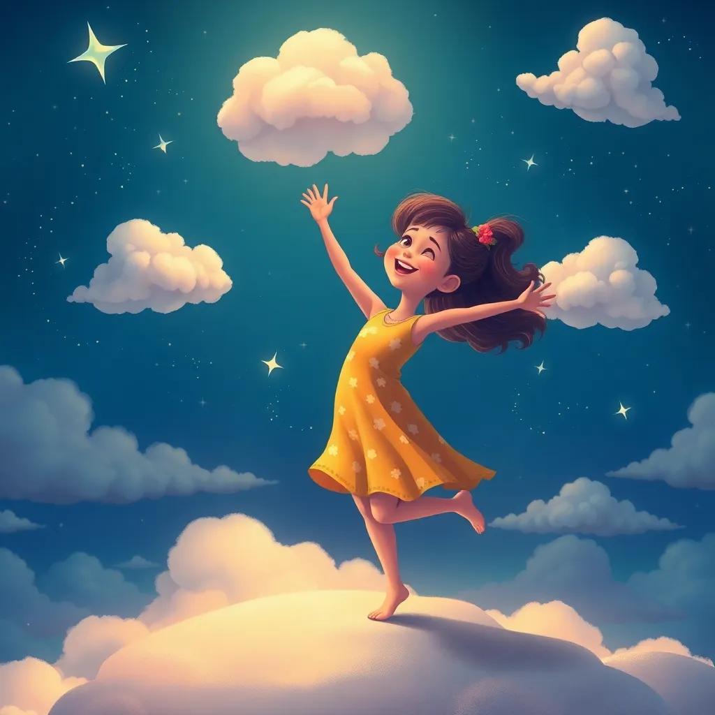 Nora dancing with joyful abandon as she imagines more cloud creations at night, surrounded by twinkling stars and gentle clouds, serene sky, whimsical art, vibrant colors, high quality