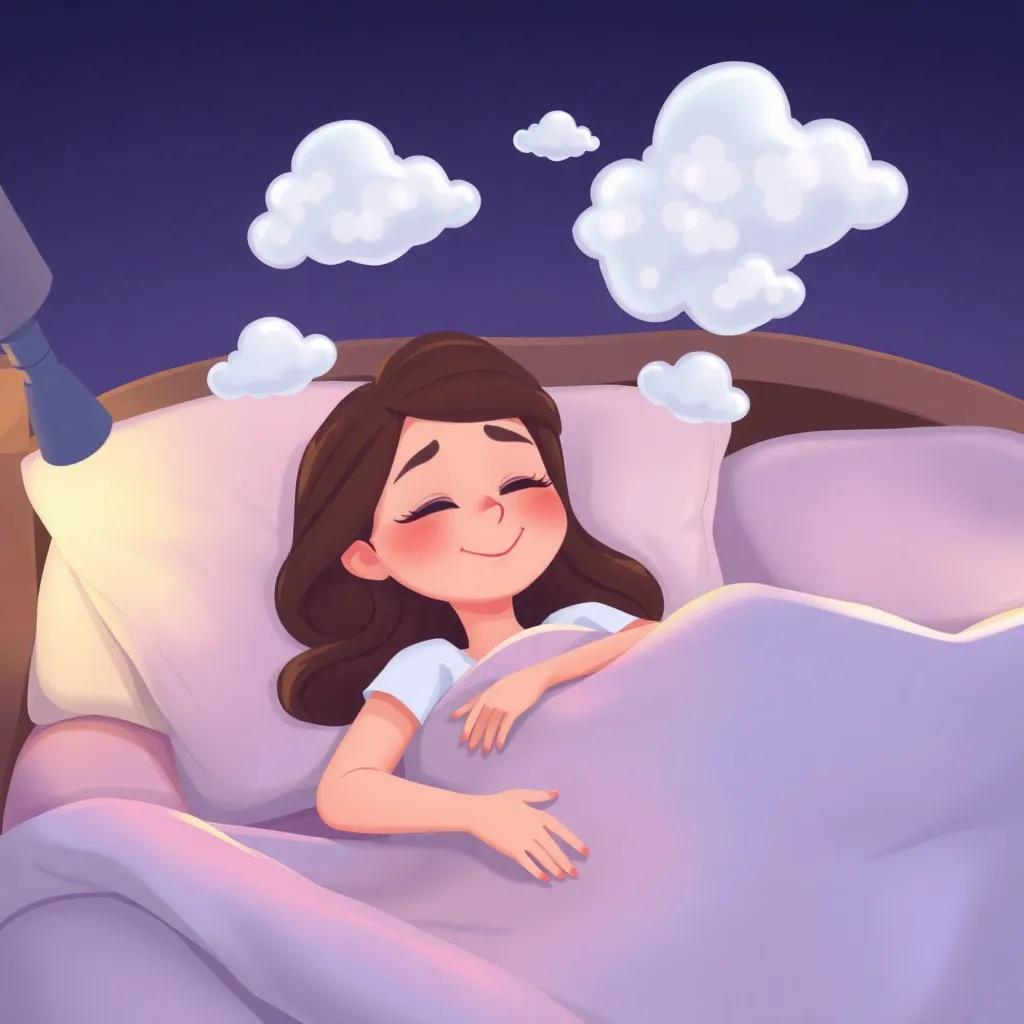 An illustration of Nora resting in bed, smiling as she dreams about clouds, with soft, fluffy cloud shapes floating in her thoughts, cozy bedroom, warm colors, peaceful vibe, imaginative
