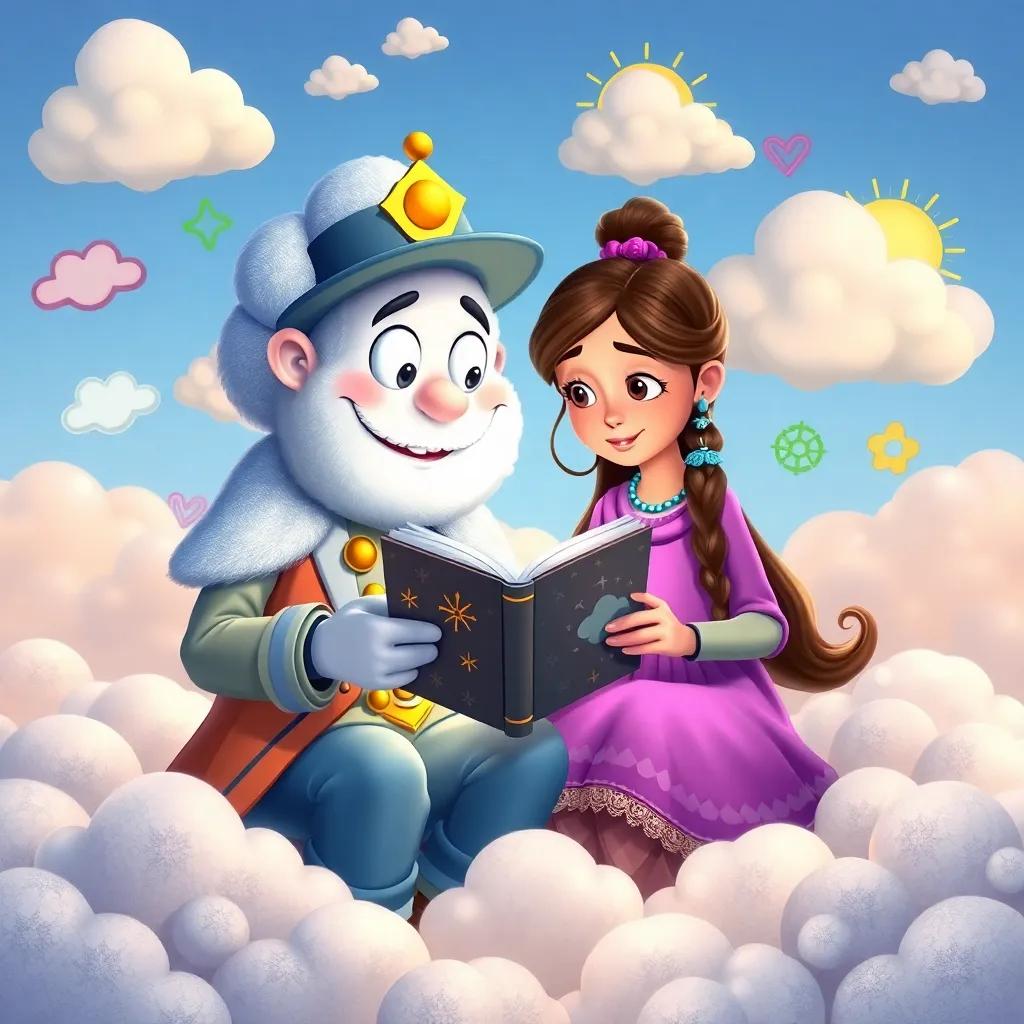 The whimsical cloudmaker is reading a weather magic book with Nora, surrounded by cloud shapes, with colorful weather symbols in the background, engaging scene, storybook style, rich detail