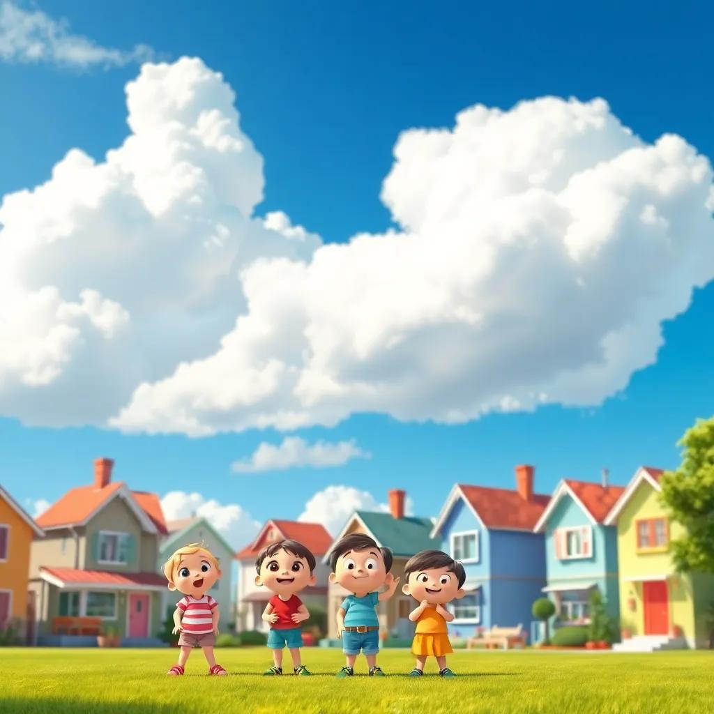 A cloudy day in Sunnyville, with big fluffy clouds in a blue sky, children looking excited, colorful houses in the background, cheerful atmosphere, digital art, bright colors, inviting view, high quality