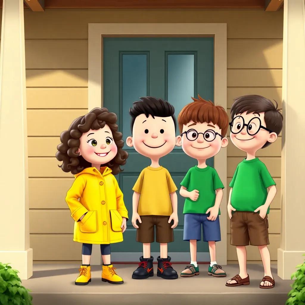 Lily, a young girl with curly hair, wearing a yellow raincoat, Sam, a boy with straight hair in a green shirt, and Max, a boy with glasses in blue shorts, making Mr. Brown smile on his porch, lively scene, cheerful mood, cartoon style, high quality