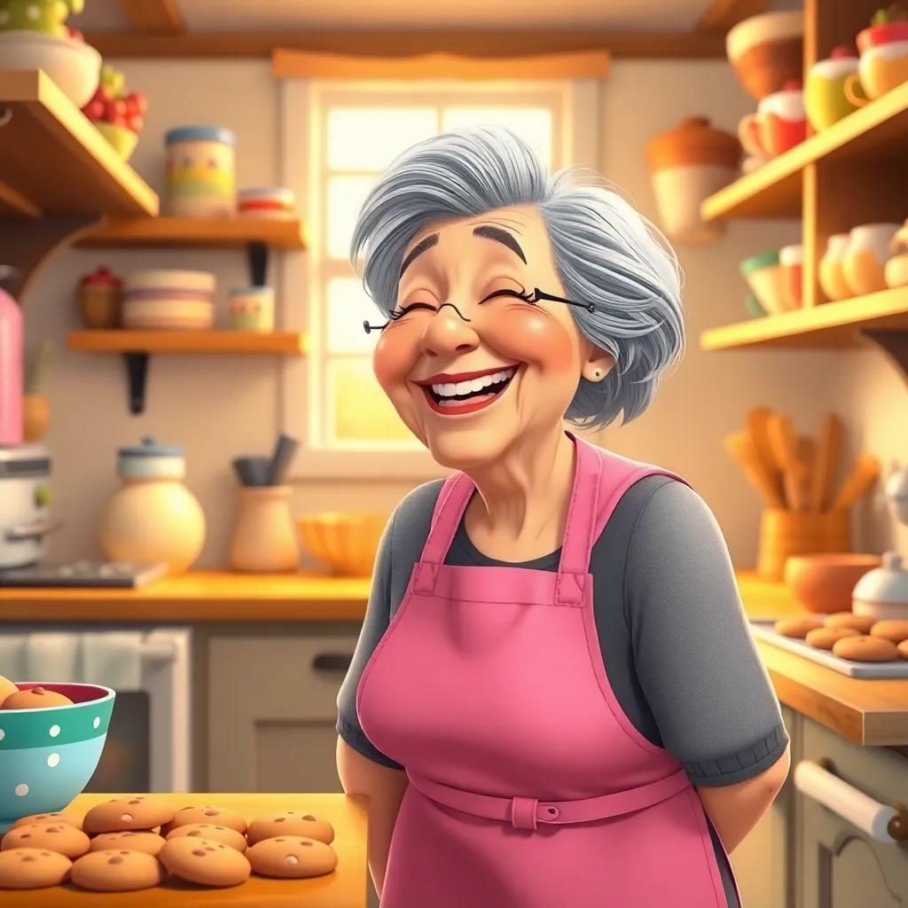 Mrs. Baker, an elderly woman with gray hair wearing a pink apron, laughing in her cozy kitchen filled with baked cookies, colorful kitchenware, warm light, inviting atmosphere, digital art, cheerful illustration, high quality