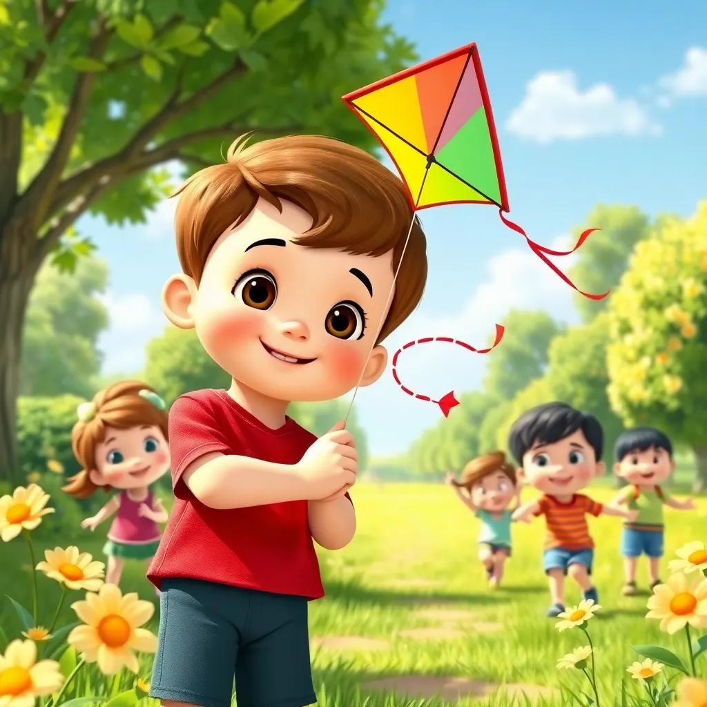 A little boy Timmy, with short brown hair in a red shirt, holding a colorful kite in a green park, all the children smiling and playing together, bright flowers around, sunny atmosphere, happy scene, cartoon style, high quality