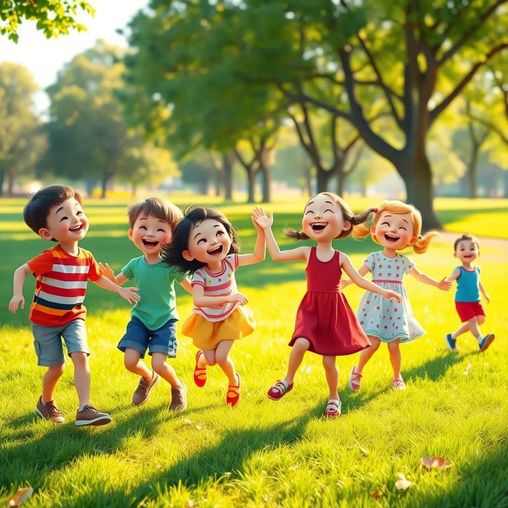Children dancing and playing in a sunny park, with bright green grass and trees, laughter in the air, joyful expressions, colorful clothing, warm light, fun and festive vibe, digital art, vibrant colors, high quality