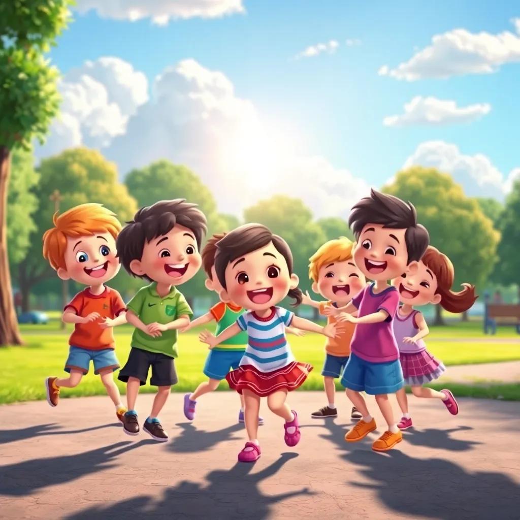 A group of kids with joyful expressions, dancing and spinning around each other in the park, with fluffy clouds above and sunlight peeking through, colorful and lively scene, cartoon style, cheerful atmosphere, high quality