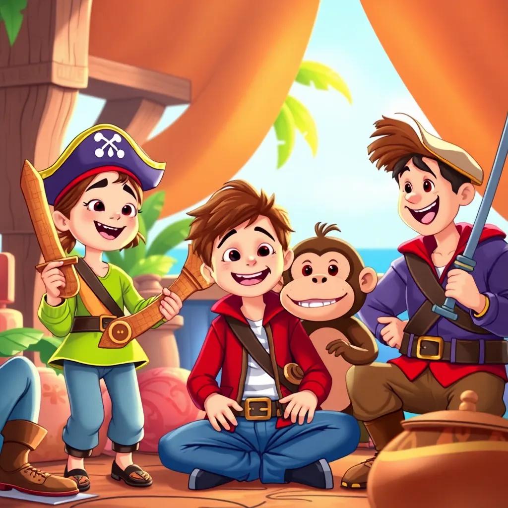 Lily pretending to be a pirate with a cardboard sword, Max as a funny monkey, and Sam as a treasure hunter, surrounded by friends laughing at their silly stories, imaginative scene, vibrant colors, cartoon style, high quality
