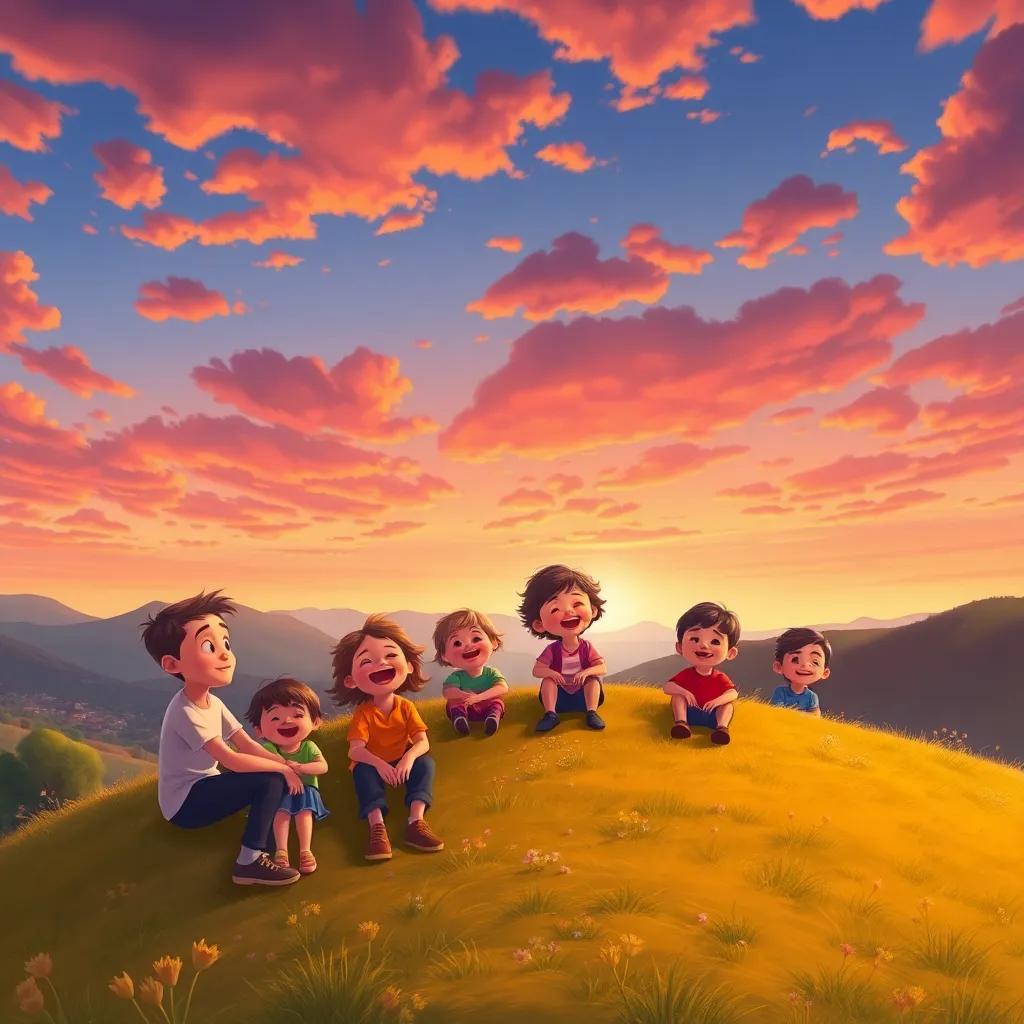A big hill at sunset with children sitting together, smiling and laughing during a laughter contest, colorful sky, warm colors, heartfelt moment, cartoon style, inviting atmosphere, high quality