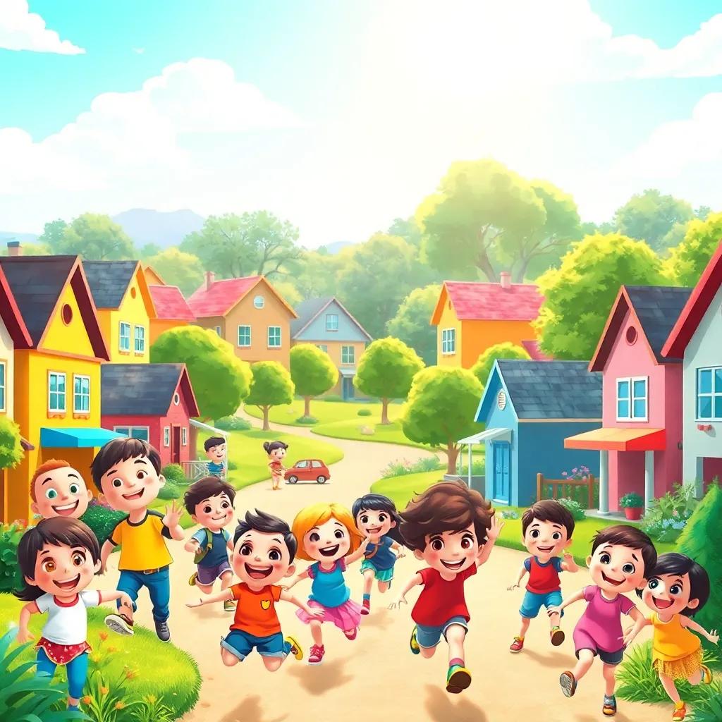 A happy neighborhood filled with smiling faces, children running around joyfully, colorful houses and trees in the background, sunlight breaking through, bright and cheerful vibe, digital art, high quality