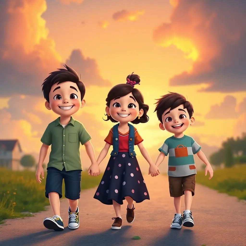 Sam, Lily, and Max smiling together, holding hands while walking home with a sunset backdrop, clouds still in the sky but with a sense of hope and joy, warm colors, heartfelt scene, digital art, high quality