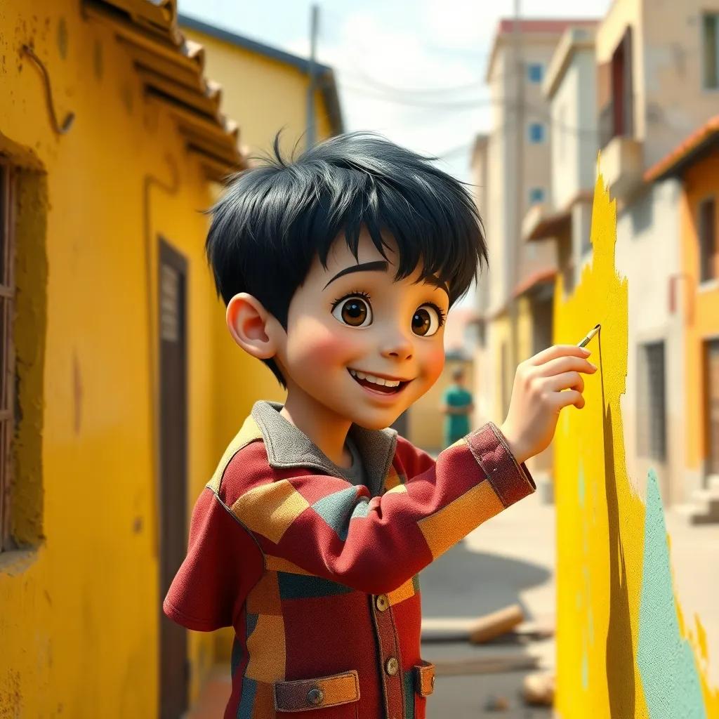 A boy named Leo, with short dark hair wearing a colorful patchwork suit, painting a wall bright yellow in a dull town, joyful atmosphere, digital art, vibrant colors, sunny day, high quality