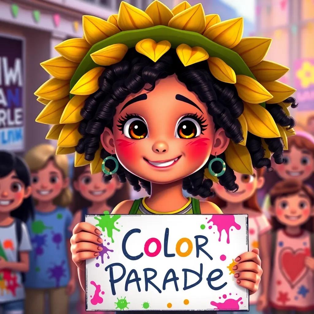 Mia, a girl with curly hair and a big sunflower hat, holding a sign for the Color Parade, with colorful paint splashes and smiles from children in the background, cheerful mood, bright art, warm lighting, detailed