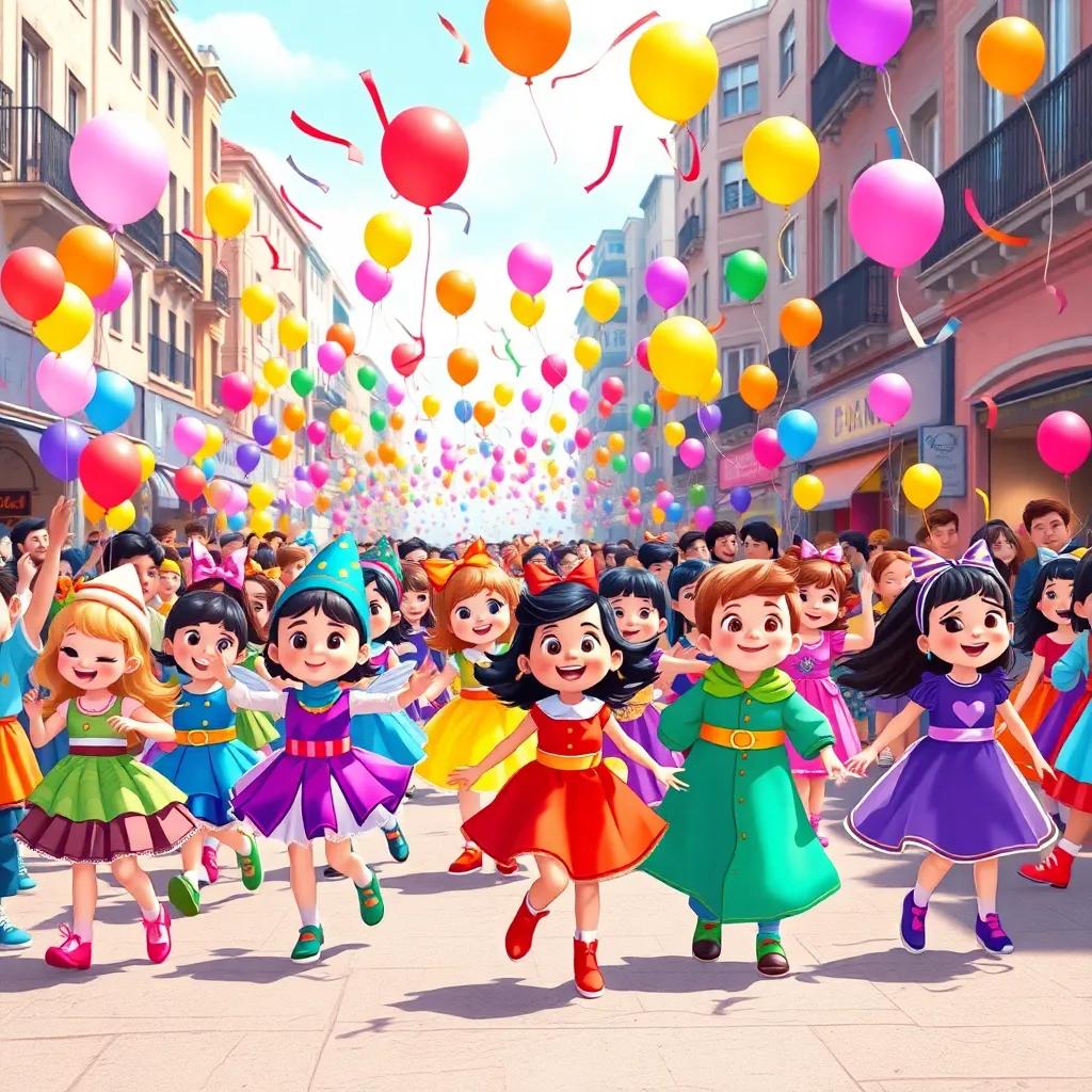 A colorful parade with children dressed in various bright costumes dancing in the street, balloons and streamers flying around, joyful crowd, illustration, festive atmosphere, exciting and colorful