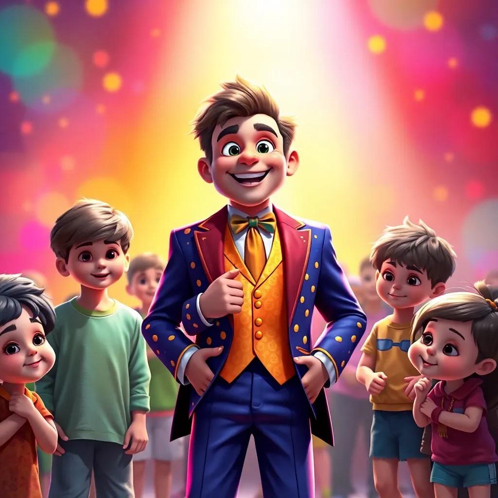 Leo in his dazzling suit, surrounded by a group of shy children, encouraging them to join the fun, colorful background, digital painting, warm light, positive energy, inviting vibe