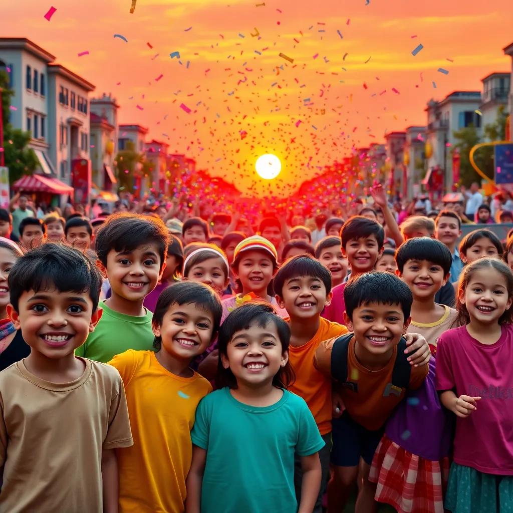 The parade at sunset, a large group of brightly dressed kids posing for a photo, glowing faces filled with happiness, colorful confetti in the air, joyful celebration, beautiful moment, vibrant art, high quality