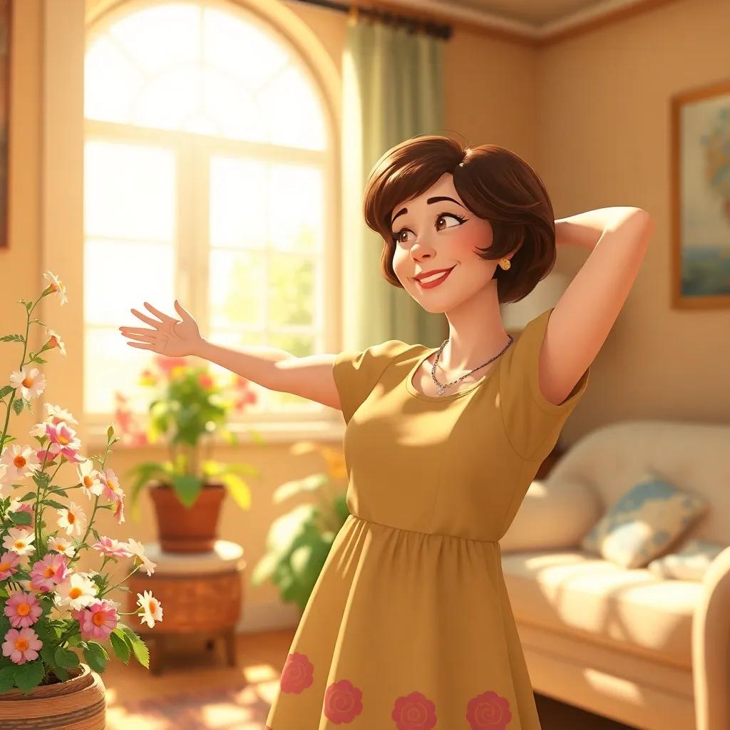 A bright sunny morning with a cozy house and flowers blooming, Mrs. Mary, a middle-aged woman with short brown hair and wearing a cheerful dress, smiling as she stretches in her sunlit room, digital art, warm colors, peaceful atmosphere, high quality