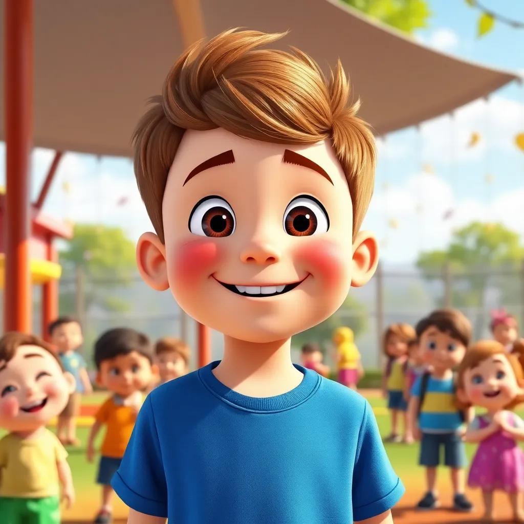 A cheerful boy, Timmy, with short brown hair wearing a blue shirt, standing in a sunny playground with kids around him, vibrant colors, joyful atmosphere, high quality