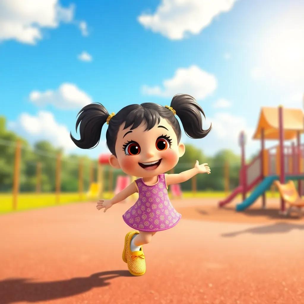 A happy girl, Lucy, with pigtails wearing sparkling yellow shoes, dancing in the playground under the sun, colorful background, playful tone, bright and lively