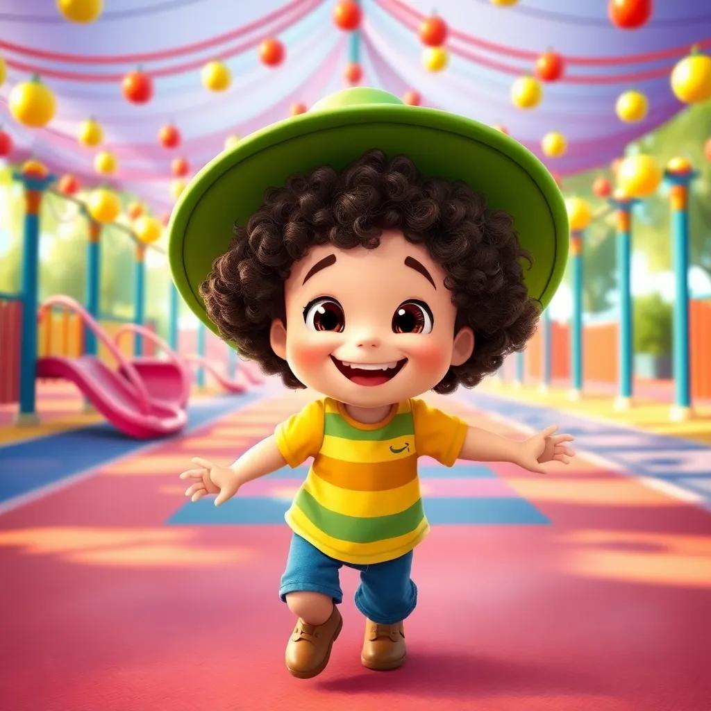 A smiling boy, Sammy, with curly hair wearing a big green hat, twirling in a vibrant playground filled with laughter, warm colors, fun perspective, good quality