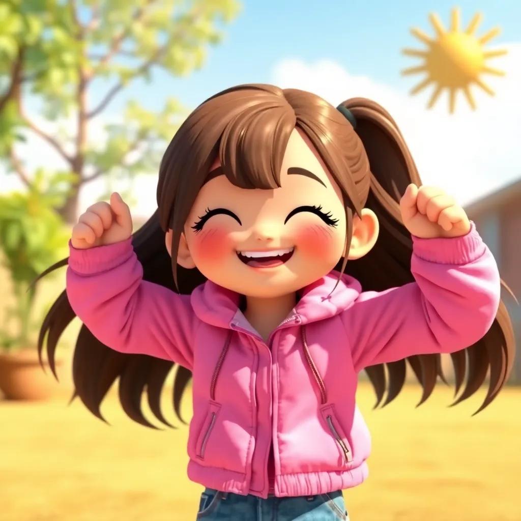 A joyful girl, Mia, with long hair wearing a pink jacket, opening her jacket wide with a big smile in a sunny scene, cheerful setting, bright colors, engaging