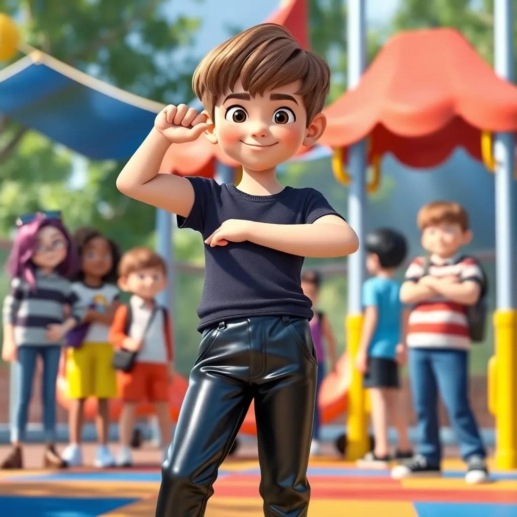 A confident boy, Ben, with short hair wearing shiny black pants, posing proudly in the playground with friends, colorful environment, fun vibe, high quality