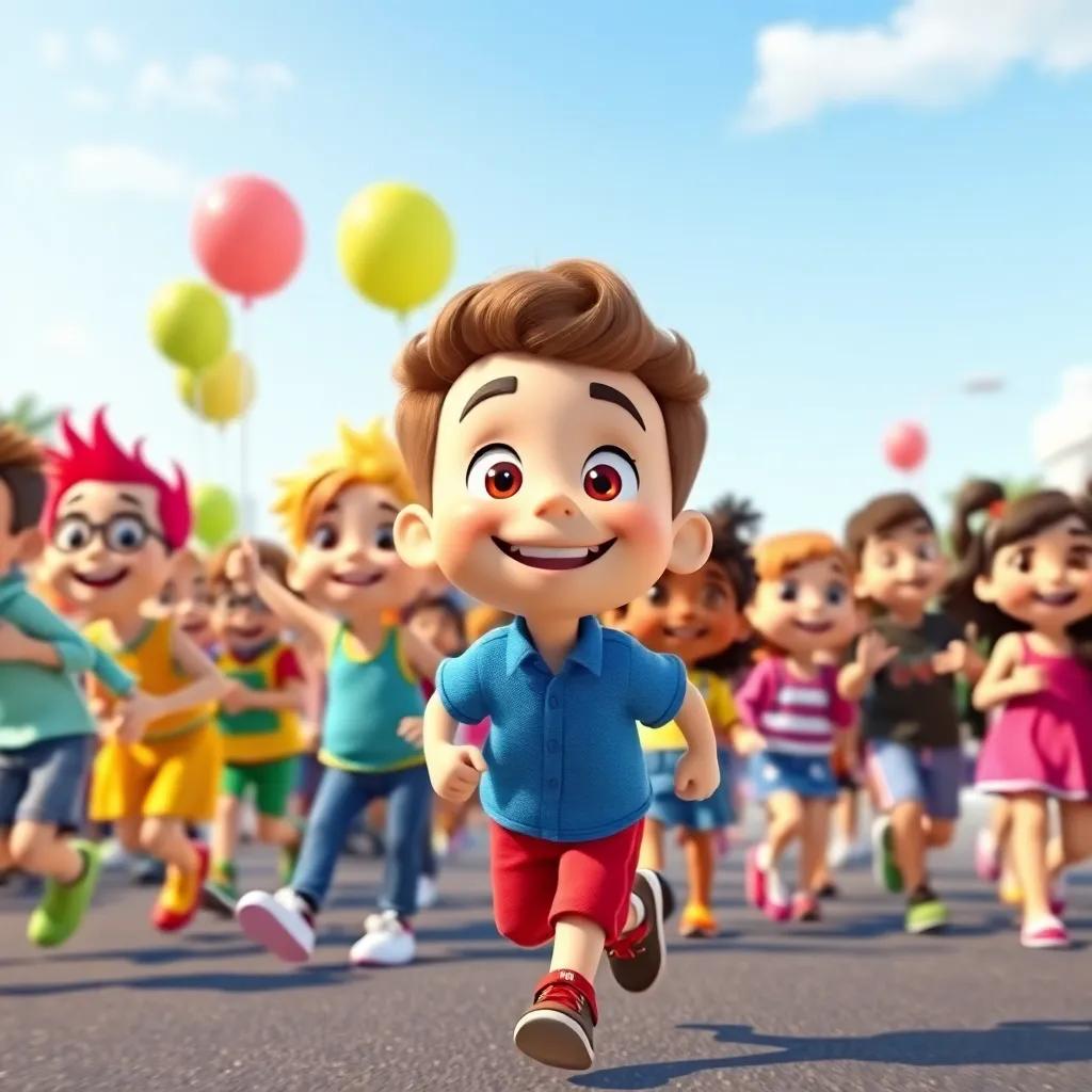 A group of happy friends marching together in a colorful parade, with Timmy in a blue shirt leading, bright playful atmosphere, dynamic perspective, joyful