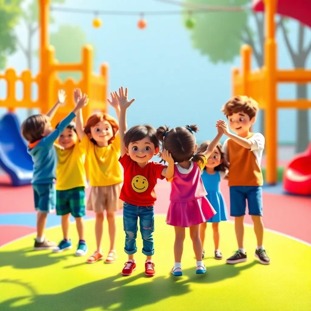 A group of kids holding hands in a circle celebrating their colorful clothes, showcasing their outfits, vibrant playground setting, cheerful lighting, engaging and fun