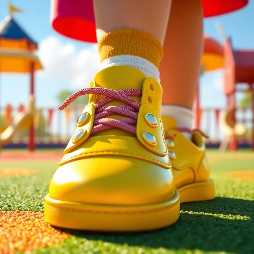 A close-up of Lucy's yellow shoes sparkling in the sunlight, with a cheerful playground background, emphasizing happiness and friendship, bright colors, inviting
