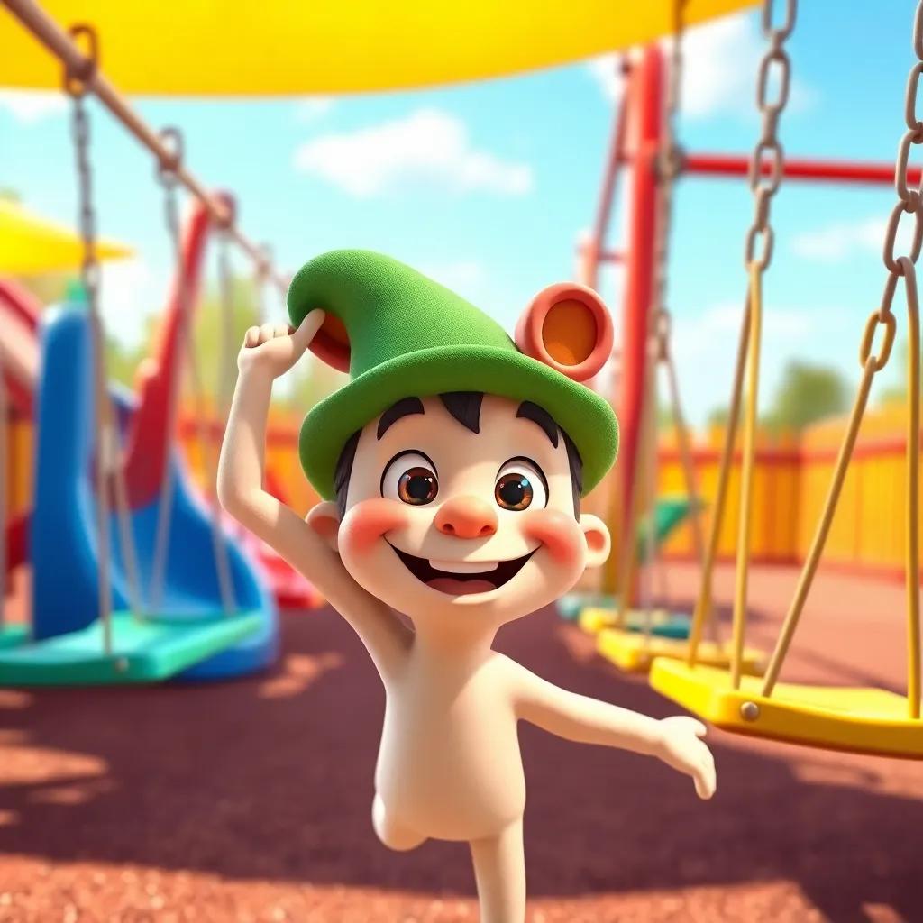 A playful Sammy tipping his green hat with a big smile, surrounded by colorful swings and playground equipment, sunny and cheerful, happy atmosphere, engaging view