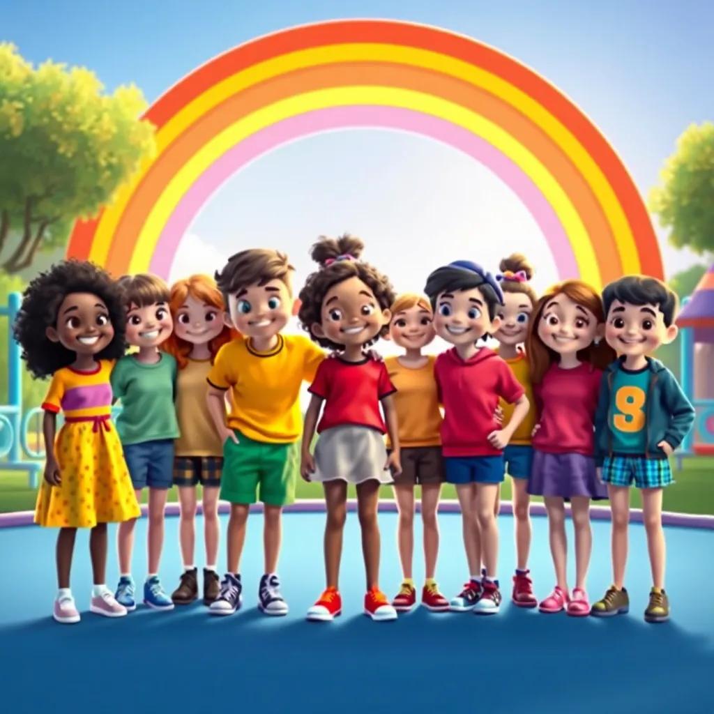 A vibrant scene of all friends standing together, showcasing their colorful outfits, with a bright rainbow behind them in the playground, warm colors, joyful celebration