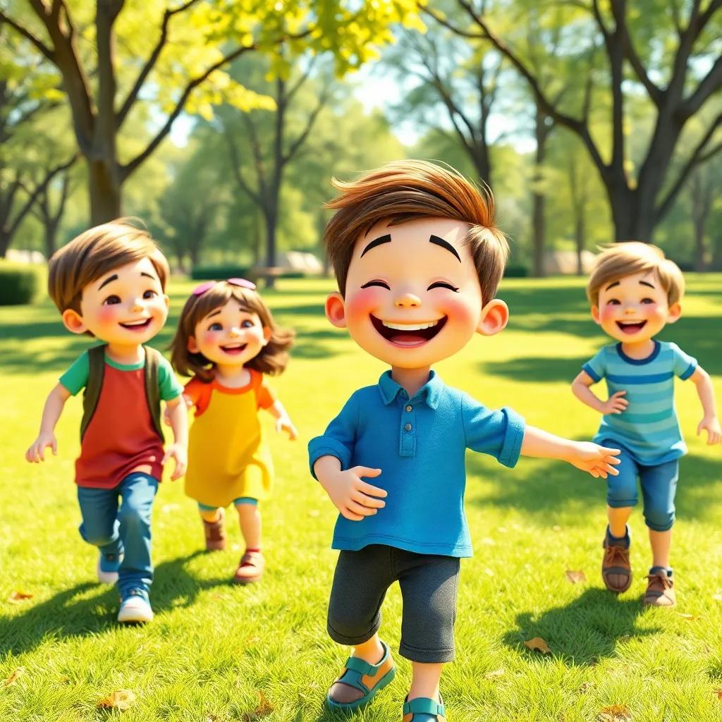 Five children in a sunny park, playing and laughing, a boy with a big smile wearing a blue shirt twirling, bright colors, cheerful atmosphere, playful scene, high quality.