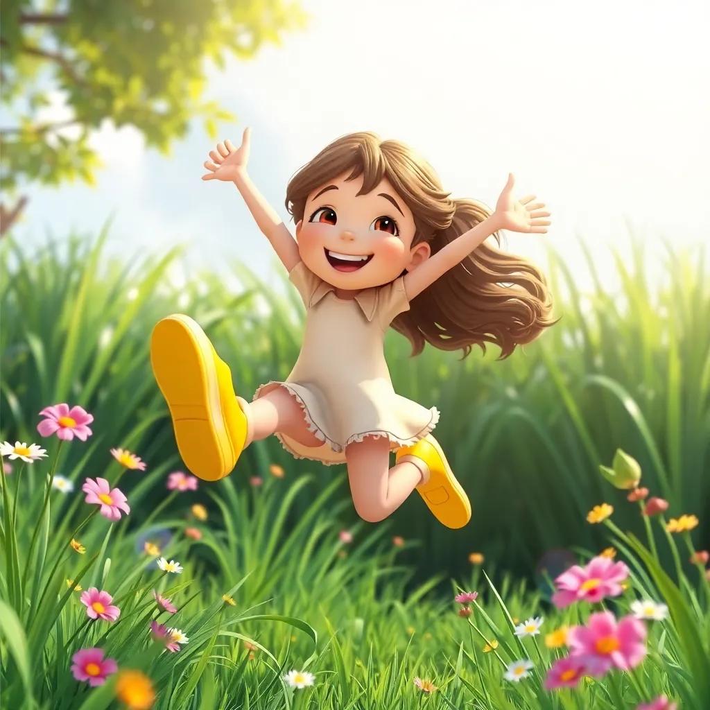 A girl jumping with joy showing off her yellow shoes, surrounded by green grass and flowers, sunlight shining down, vibrant colors, joyful expression, high quality.