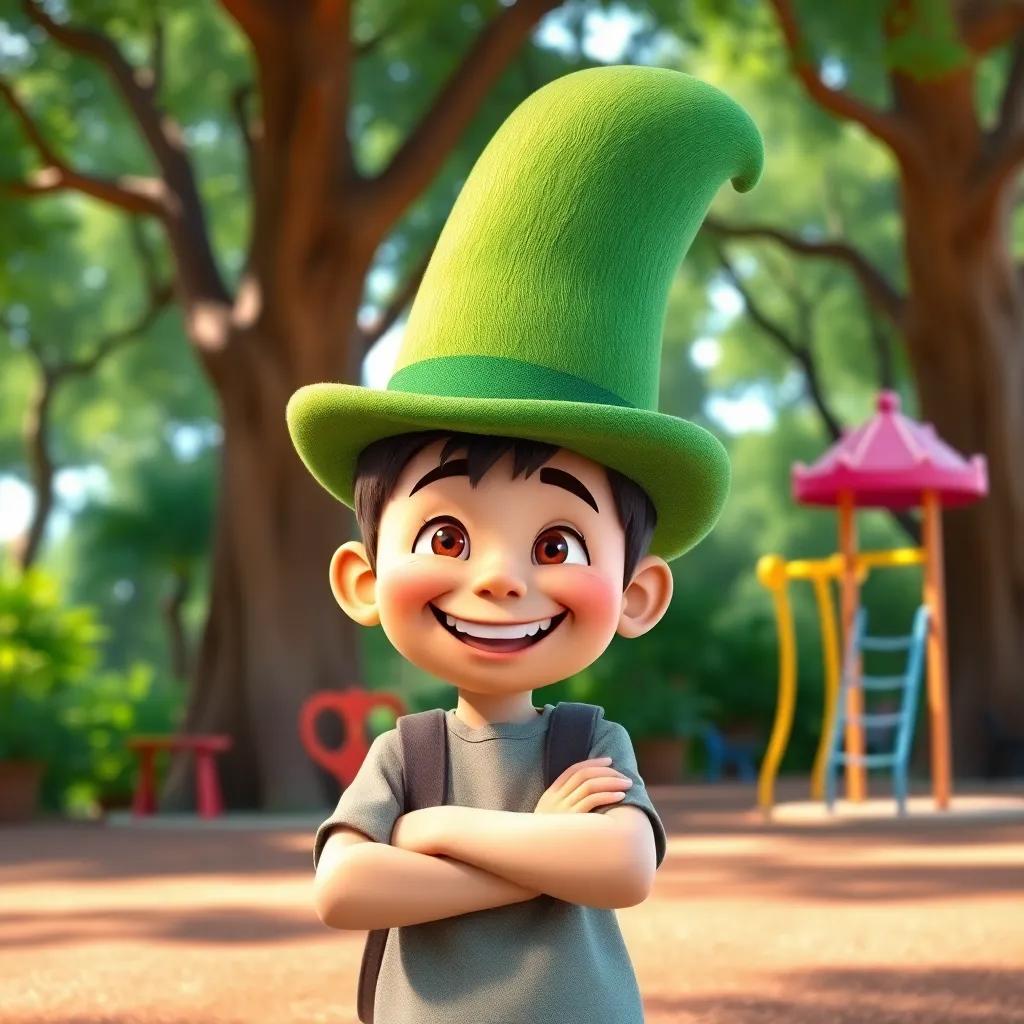 A boy with a tall green hat making a funny pose, wearing a big grin, background filled with trees and play equipment, colorful scene, lively atmosphere, high quality.