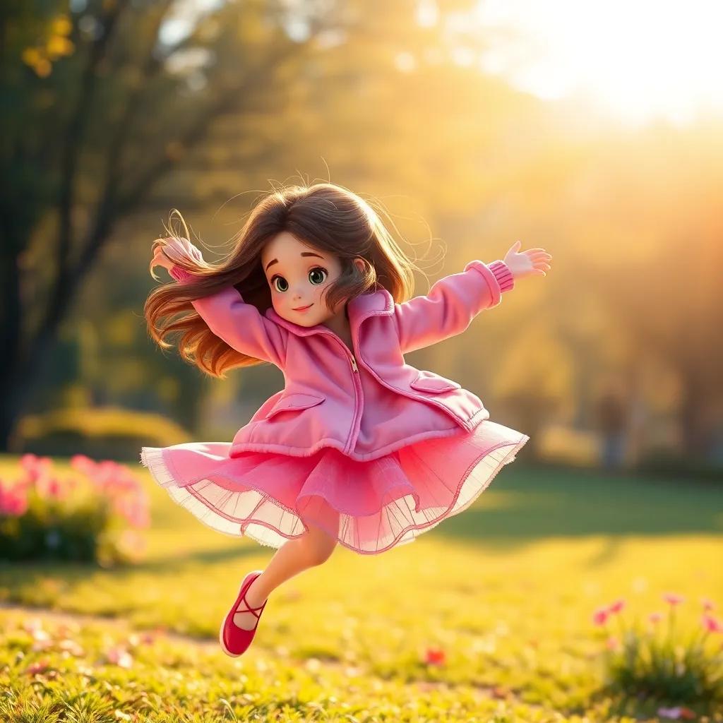 A girl twirling gracefully in a pink jacket, her hair flowing with movement, soft sunlight illuminating her, lively park background, warm colors, happy mood, high quality.