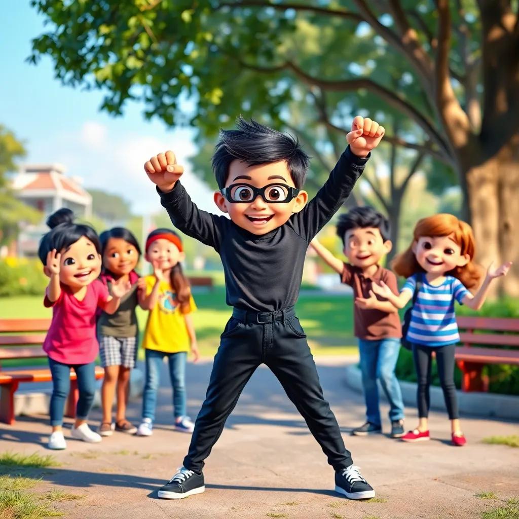 A boy striking a superhero pose in black pants with friends cheering around him, all smiling and joyful, playful park scene with bright colors, high quality.