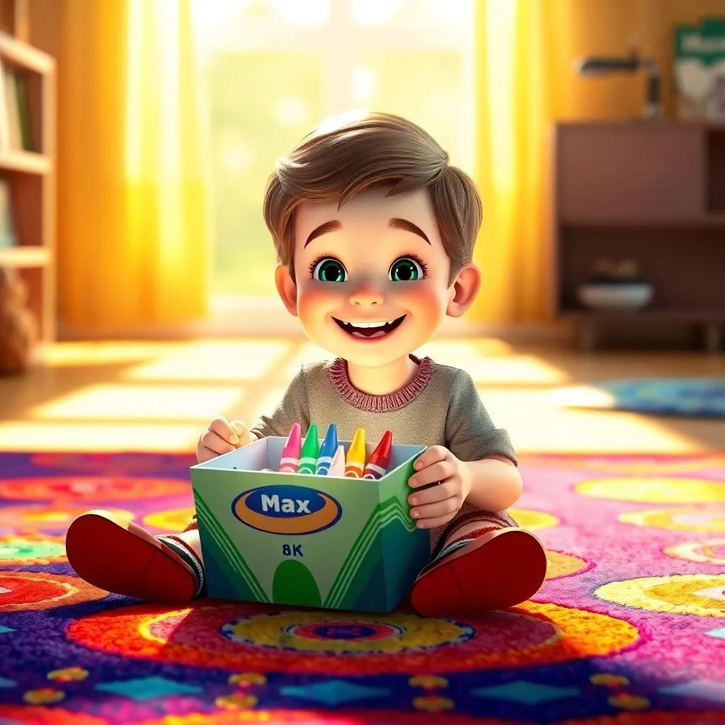 A little boy named Max, sitting on a colorful rug, opening a shiny crayon box, with a big smile on his face, surrounded by bright sunlight, cheerful atmosphere, digital art, vibrant colors, joyful perspective, high quality, fantasy