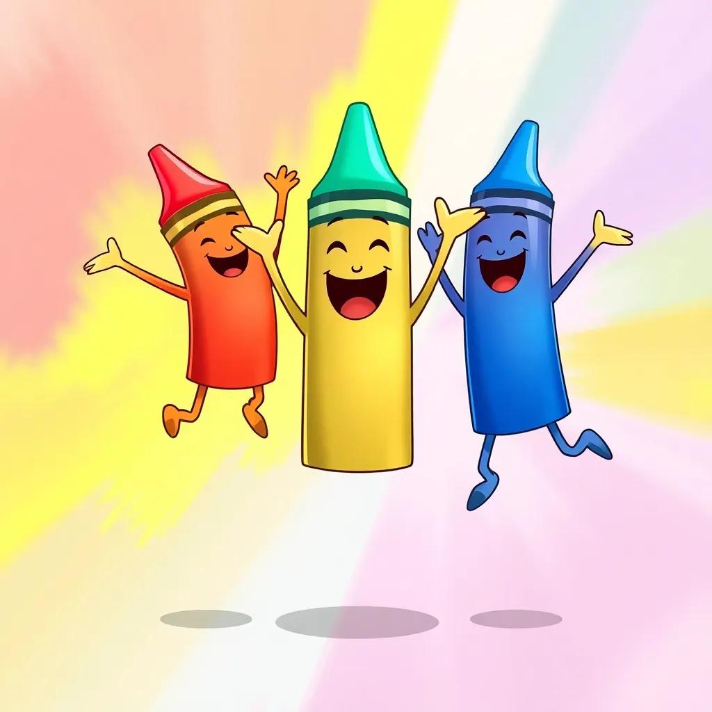 Max with crayons jumping around happily, each crayon with a cute face, Ruby is bright red, Sunny is bright yellow, Ocean is deep blue, dancing in circles, colorful background, playful mood, illustration, cartoon style, child-friendly