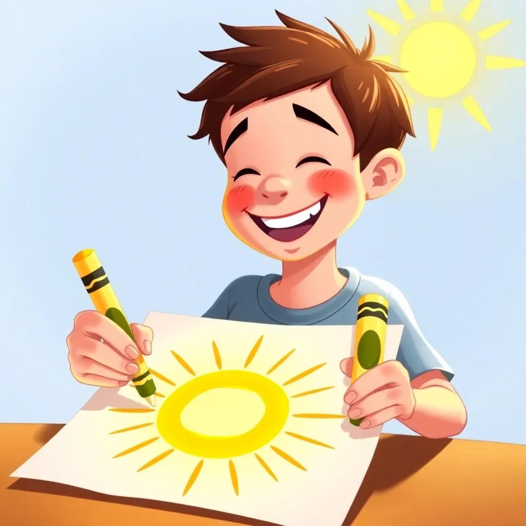 Max holding Sunny the yellow crayon, drawing a big sun with rays on a sheet of paper, the sun glowing brightly, Max is laughing and enjoying, cheerfulness, bright colors, warm light, high quality, fun illustration