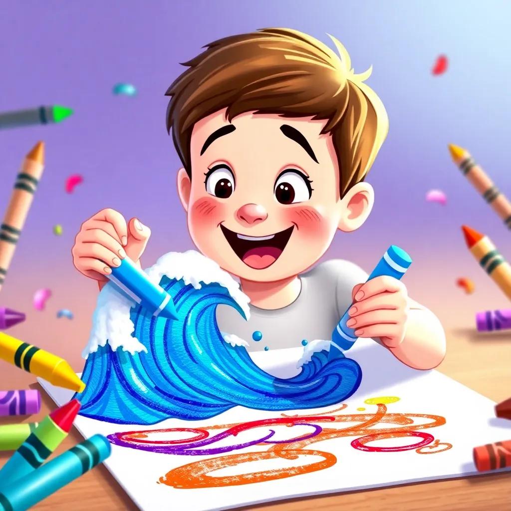 Max using Ocean the blue crayon, drawing ocean waves on the paper, excited expression on his face, colorful waves come to life, crayons cheering around, vivid colors, whimsical style, child-friendly, bright
