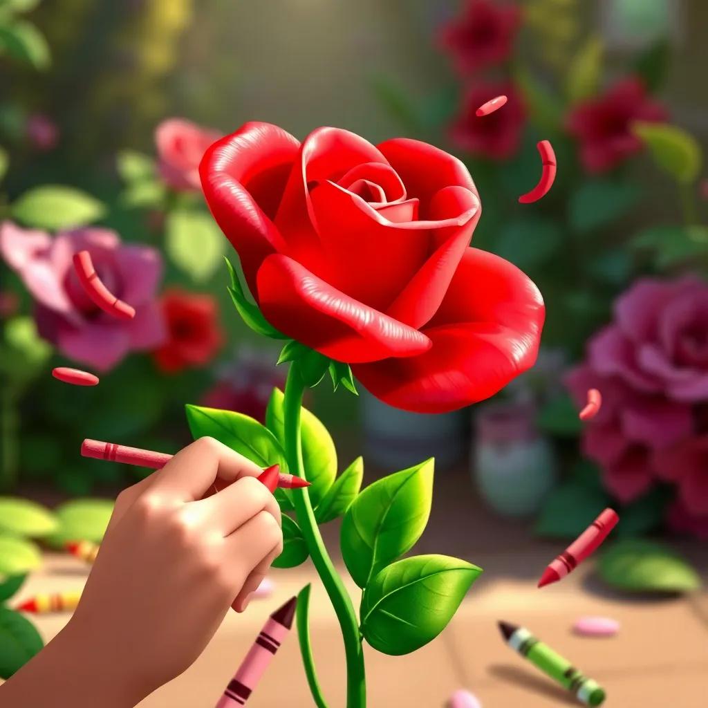 Max drawing a beautiful red rose using Ruby the red crayon, soft petals and green leaves, with crayons dancing happily around the artwork, colorful garden scene, cheerful light, high quality, artistic vibe, child-friendly