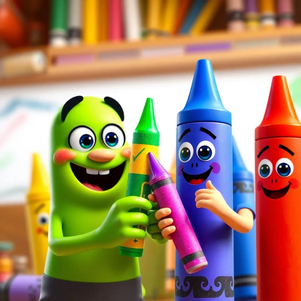 Max and crayons showing color mixing, yellow and blue crayon blend to make green, crayons demonstrating colors with smiley faces, colorful drawing scene, lively atmosphere, joyful perspective, digital art