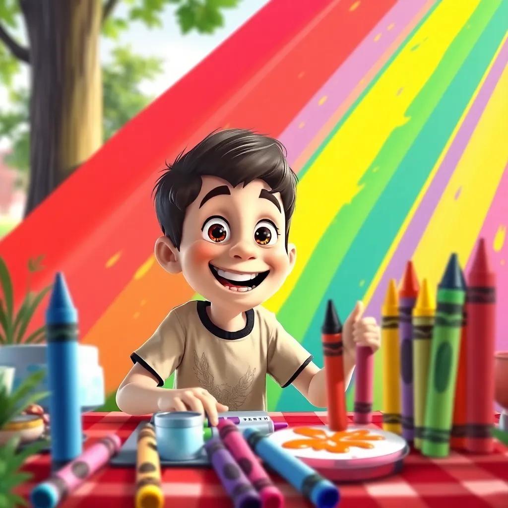 Max painting a big colorful rainbow with all crayons, bright colors blending together, crayons excitedly cheering, Max smiling wide, picnic scene, cheerful surroundings, high quality, children’s illustration