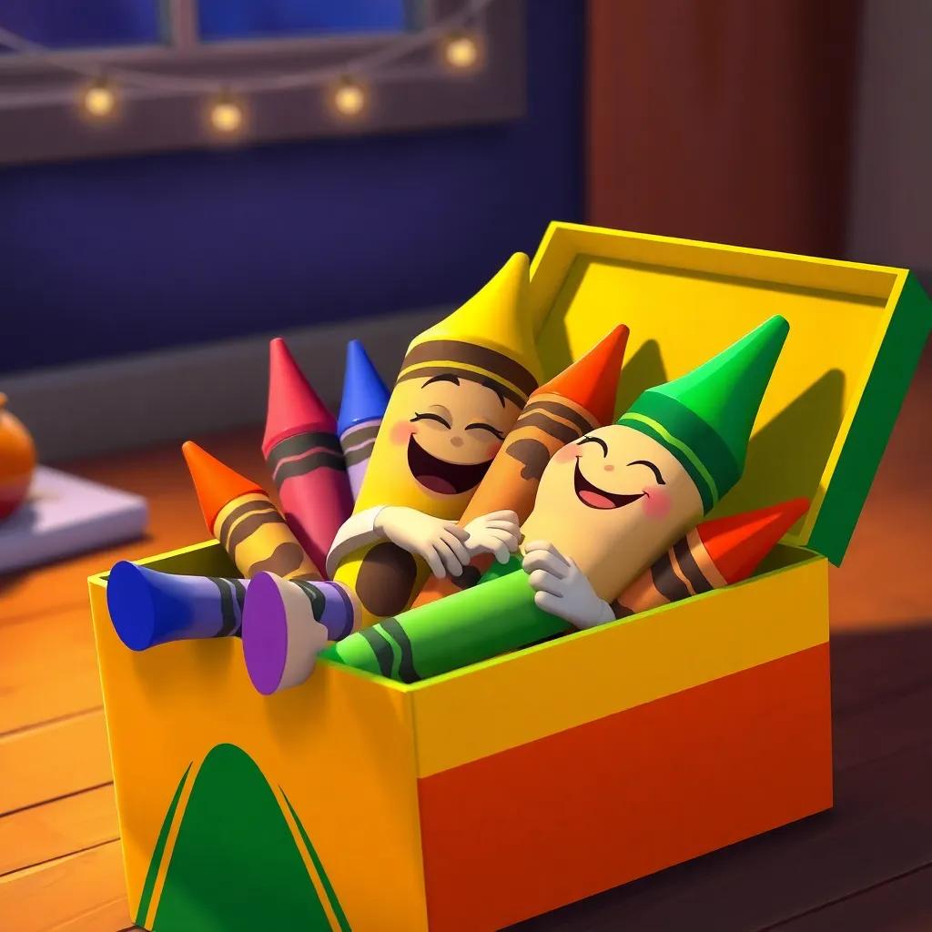 Crayons cuddling back in the box after a fun painting day, colorful crayons relaxing inside a bright crayon box, Max smiling happily nearby, nighttime setting, warm colors, cozy atmosphere, high quality