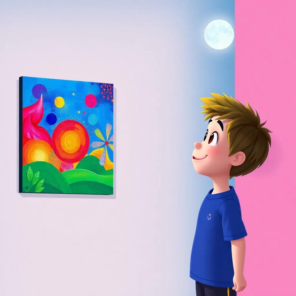 Max looking proudly at his colorful artwork on the wall, painted in bright colors, glow of moonlight shining on it, dreaming of future art adventures, lovely night scene, happy expression, child-friendly, illustration