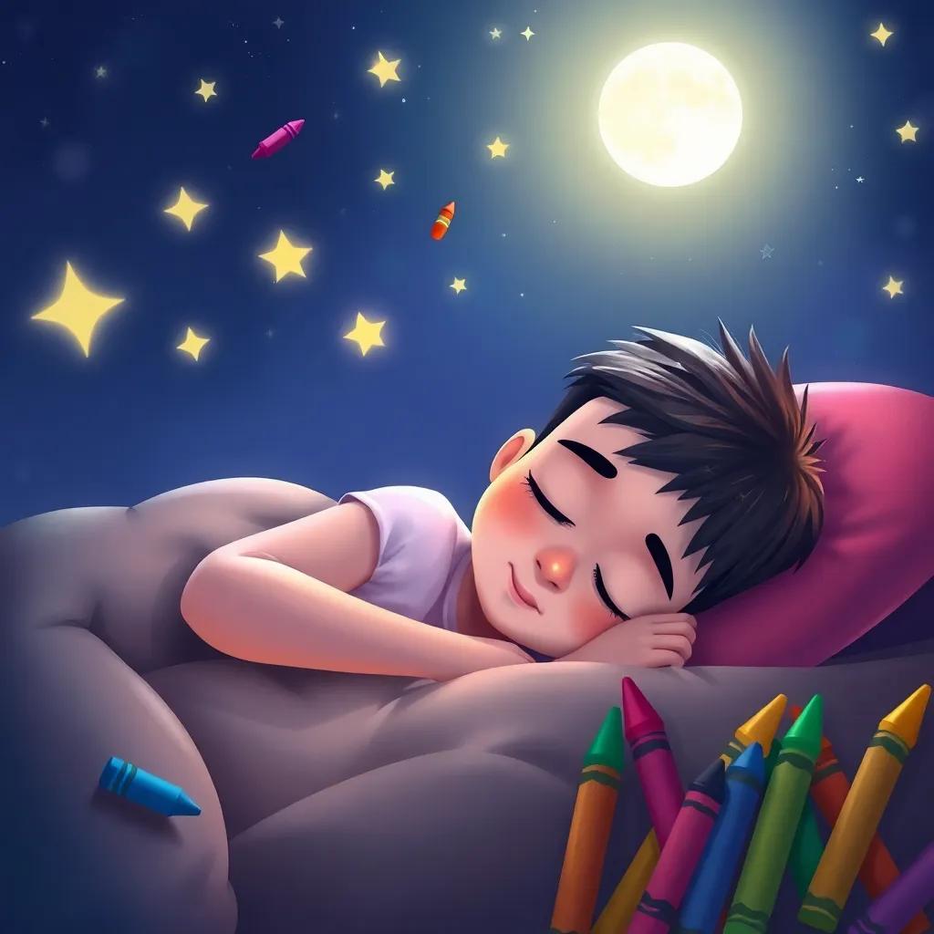 Max sleeping peacefully, dreaming of colorful adventures, surrounded by crayons sparkling in moonlight, comforting atmosphere, dreamlike colors, warm glow, charming illustration