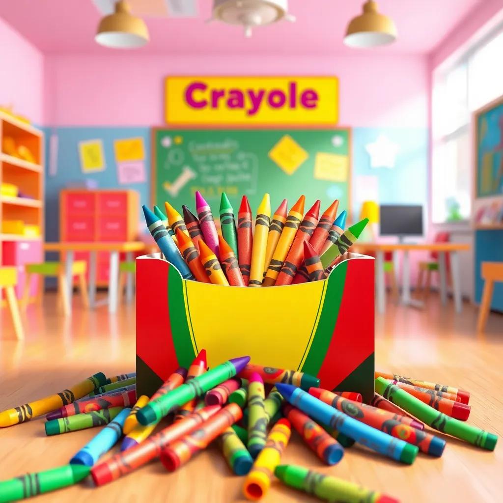 A colorful crayon box in a bright classroom, with crayons of different colors spilling out joyfully, digital art, vibrant colors, inviting atmosphere, high quality