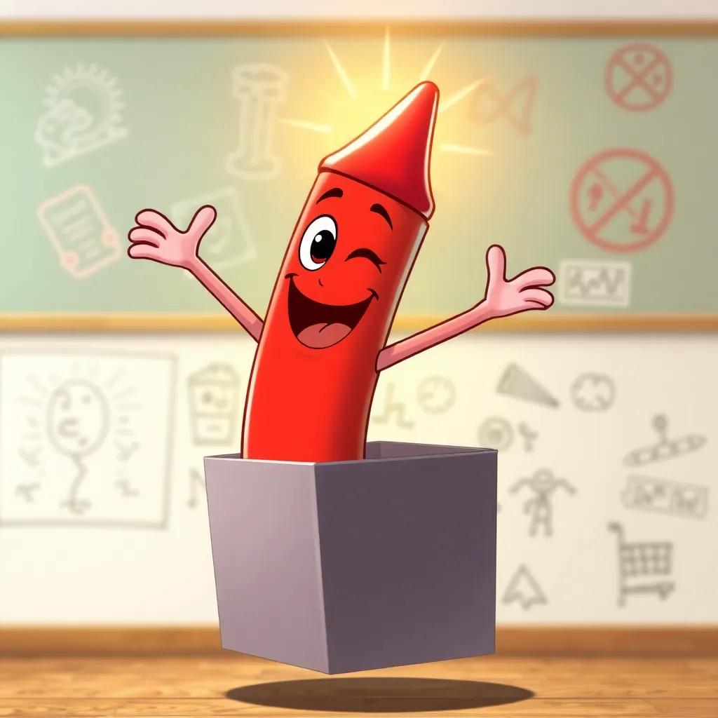 A red crayon with a big smile, jumping out of the box, with a gleaming aura around it, in mid-air against a backdrop of classroom drawings, cheerful and bright, cartoonish style