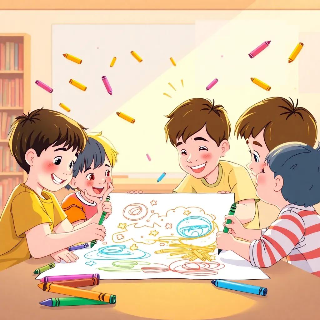Children excitedly coloring with their own crayons, adding details to a big drawing, crayons dancing around them in happiness, warm classroom light, heartwarming scene