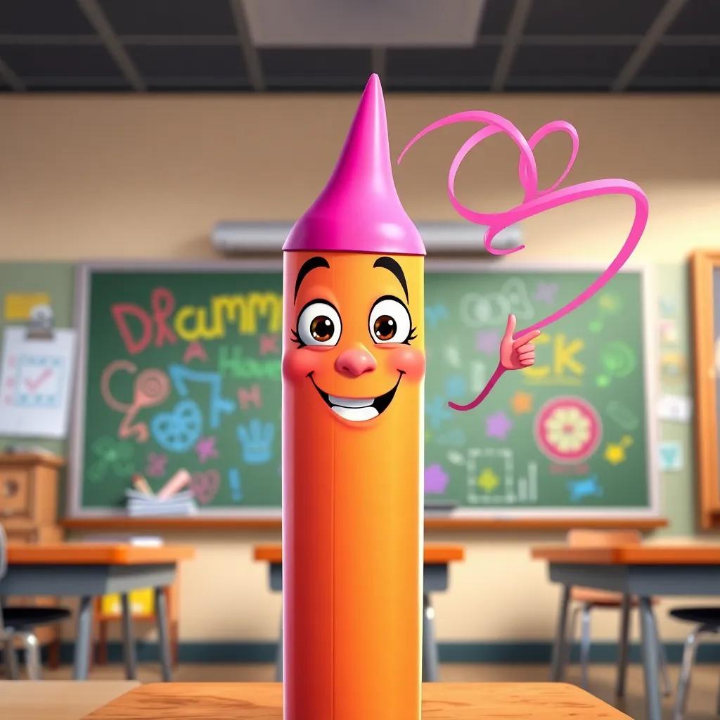 A playful pink crayon twirling in the air, with a cheeky expression, in front of the classroom with colorful doodles on the board, bright and fun atmosphere, high quality