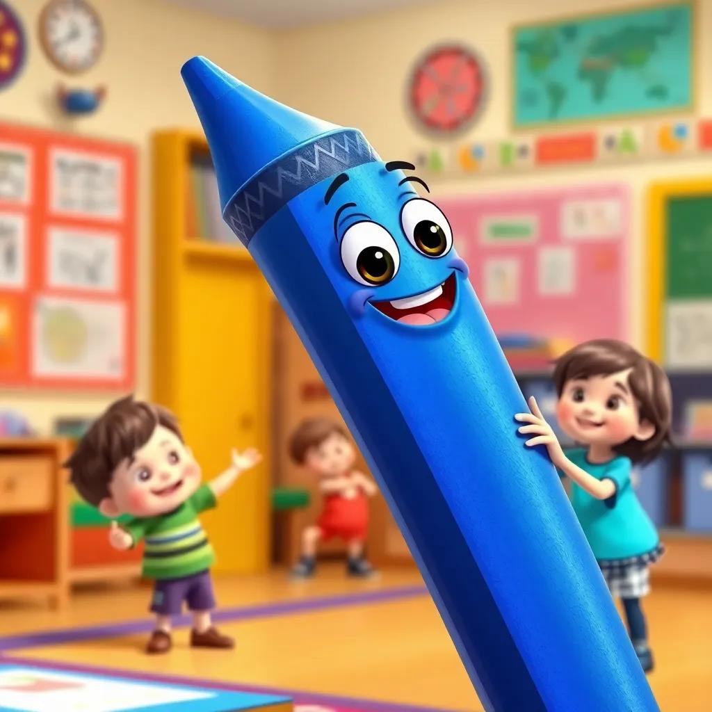 A blue crayon changing shades from light to dark, looking proud, with children mimicking it nearby, colorful classroom background, educational and playful, cheerful